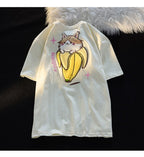 Fluffy Cat Banana Short Sleeve T-shirt