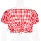 Red & White Plaid Lace Square Neck Top