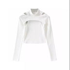 Cute 2pcs K-pop Black White Hollow Knit Long Sleeve Shirt Crop Top Fitness Streetwear Summer Aesthetic Casual E-Girl Kawaii Korean Japanese Harajuku