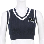 Preppy Letter Print Knit Tank Sweater Vest Sleeveless V Neck Vintage Crop Top Pullover Summer Aesthetic Casual E-Girl Kawaii Korean Japanese Harajuku