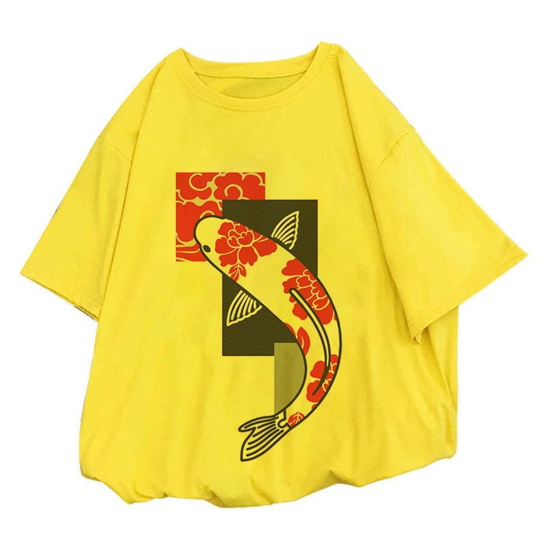Vintage Koi Goldfish Print Cartoon Loose Oversize Short Sleeve Short T-shirt Tee Top Summer Casual E-Girl Kawaii Korean Japanese Harajuku Streetwear