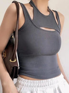 Grey Asymmetrical Hollow Out Tank Top