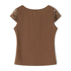 Brown Lace Trim Short Sleeve Shirt