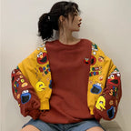 Funny Elmo Cartoon Print Loose Oversized Long Sleeve Sweatshirt Sweater Pullover Jumper Causal E-Girl Kawaii Korean Japanese Harajuku Streetwear