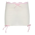 White Knit Bow Ribbed Trim Low Waist Mini Skirt