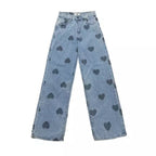 Cute Heart Denim Blue Loose High Waisted Straight Leg Flare Jeans Pants Aesthetic Casual Summer E-Girl Kawaii Korean Japanese Harajuku