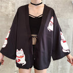Pink Cat Blouse Kimono Cardigan Cartoon Print Loose Blouse Long Sleeve Shirt T-shirt Top E-Girl Kawaii Korean Japanese Harajuku Streetwear