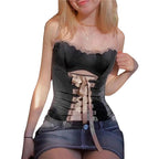 Black with Pink Ribbon Lace Up Bandage Corset Top