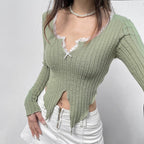 Green Lace Split Patchwork Long Sleeve T-shirt