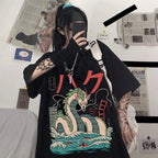 Cute Black Dragon Anime Cartoon Print Oversize Loose Short Sleeve T-shirt Aesthetic Casual Summer E-Girl Kawaii Korean Japanese Harajuku Street
