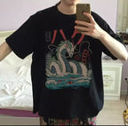 Cute Black Dragon Anime Cartoon Print Oversize Loose Short Sleeve T-shirt Aesthetic Casual Summer E-Girl Kawaii Korean Japanese Harajuku Street