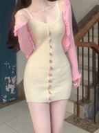 2PCS Rose Button Knit Dress + Cardigan