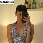 Cute Sexy Zebra Animal Print Sleeveless Halter Crop Top Shirt Tee T-shirt E-Girl Kawaii Korean Japanese Harajuku Chinese Retro Streetwear Aesthetic
