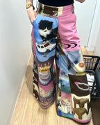 Cat Contrast Patchwork Wide Leg Trousers