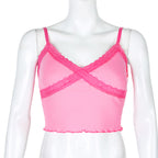 Cute Sexy Lace Patchwork Camisole Spaghetti Strap Crop Top Shirt Tee T-shirt E-Girl Kawaii Korean Japanese Harajuku Chinese Retro Streetwear Aesthetic