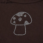 Cute 90s Vintage Brown Mushroom Diamond Aesthetics Crop Top Tank Sleeveless Shirt Summer Casual E-Girl Kawaii Korean Japanese Harajuku Streetwear