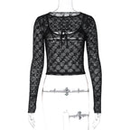 Black Mesh Lace Long Sleeve Shirt