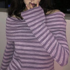 Purple Stripe Slash Neck Long Sleeve Shirt