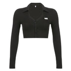 Black Knit V Neck Long Sleeve Crop Top