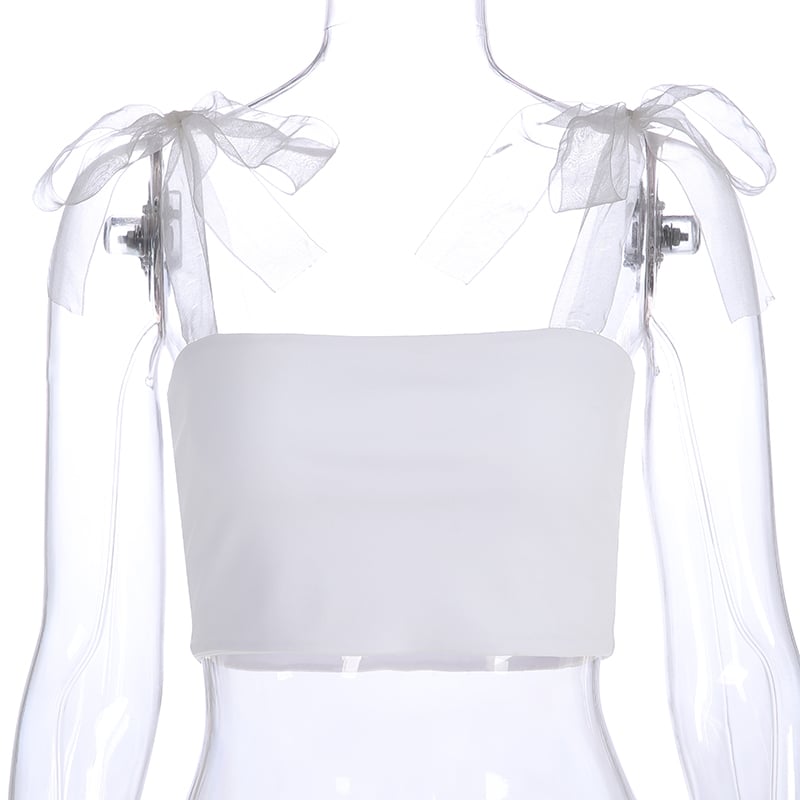Cute White Patchwork Mesh Transparent Straps Tie Up Tank Top Crop Shirt Tee T-shirt E-Girl Kawaii Korean Japanese Harajuku Retro Streetwear Aesthetic