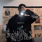 White Black Flame Fire Cartoon Casual Loose Oversized Hoodie Sweater Sweatshirt Long Sleeve Pullover E-Girl Kawaii Korean Japanese Harajuku Streetwear