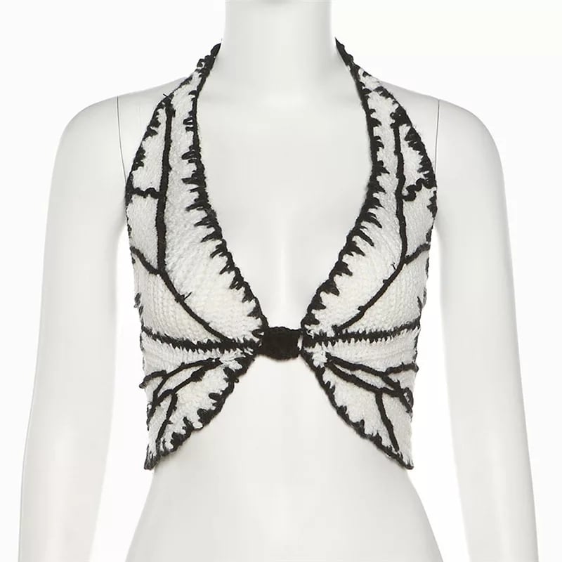 Cute Sexy Butterfly Crochet Halter Sleeveless Shirt Crop Top Camisole Beach Tunic Party Summer Aesthetic Casual E-Girl Kawaii Korean Japanese Harajuku
