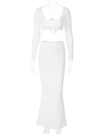 2PCS White Rose Long Sleeve Crop Top + Maxi Skirt