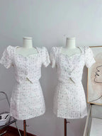 2PCS White Tweed Puff Sleeve Blouse + Skirt
