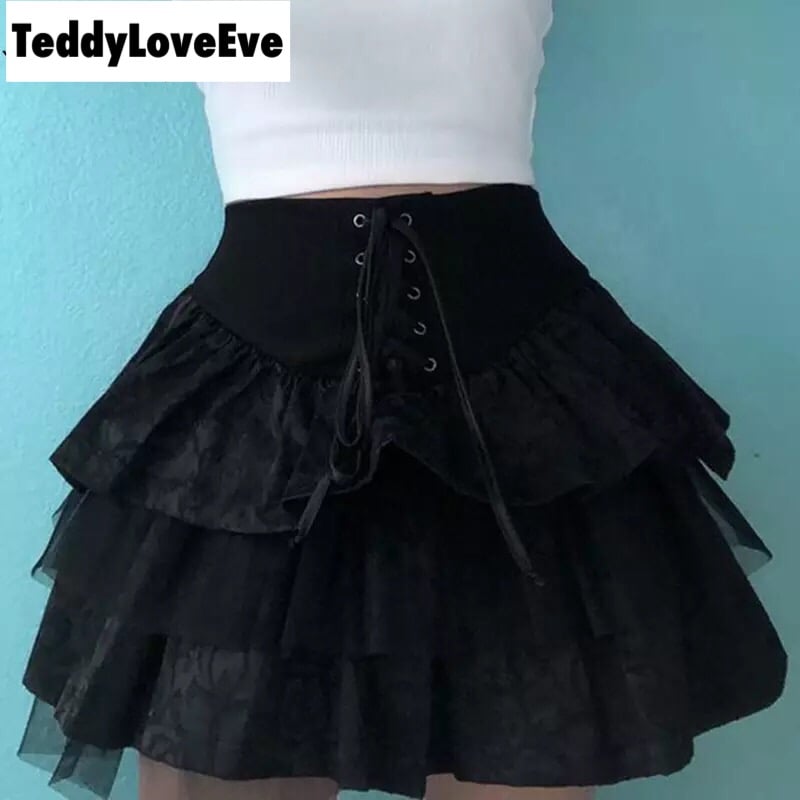 Cute Black Goth Lace Up High Waisted Ruffle Skirt Punk Bandage A-line Lace Trim Tutu Casual E-Girl Kawaii Korean Japanese Harajuku Streetwear