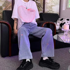 Pink Heart Embroidery Denim Jeans