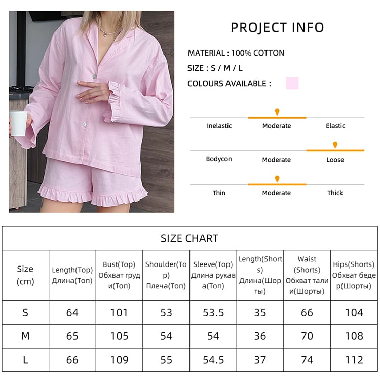 2PCS Pink Ruffle Long Sleeve Shirt + Shorts Pajama Set