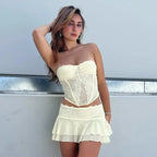 2PCS Cream Lace Corset Top + Mini Skirt