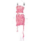 2PCS Pink Irregular Strapless Tube Top + Ruffled Mini Skirt