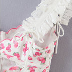 Pink Flower Print Ruffle Bustier Crop Top