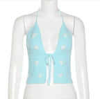 Cute Sexy Blue Crochet Knit Floral Backless Crop Top Tank Camisole Halter Beach Party Summer Aesthetic Casual E-Girl Kawaii Korean Japanese Harajuku