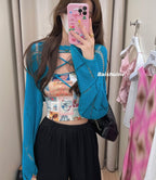 Blue Hollow Out Cropped Cardigan