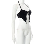 Black Lace Up Circle Rhinestone Halter Top