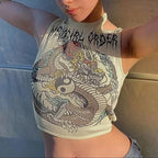 Cute Dragon Ying Yang Print Lace Tank Crop Top Off Shoulder Punk Aesthetic Casual Summer E-Girl Kawaii Korean Japanese Haraju