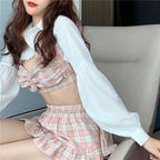 Cute 3 Piece Pink Plaid Gingham Print Set White Blouse With Crop Top And High Waist Ruffles Skirt Summer E-Girl Kawaii Korean Japanese Harajuku
