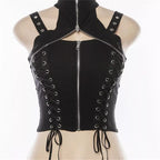 Cute Black Zipper Choker Halter Sleeveless Bandage Tank Crop Top Punk Goth Summer Aesthetic Club E-Girl Kawaii Korean Japanese Harajuku