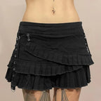 Black Denim Pleated Low Waist Irregular Mini Skirt
