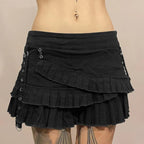 Black Denim Pleated Low Waist Irregular Mini Skirt