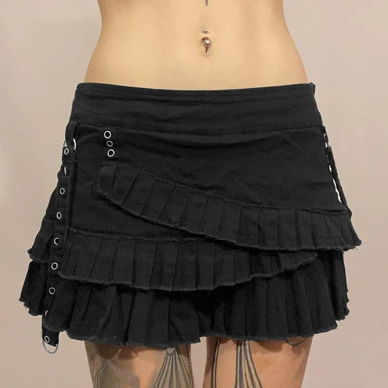 Black Denim Pleated Low Waist Irregular Mini Skirt