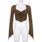 Brown Drawstring Long Sleeve Flare Crop Top