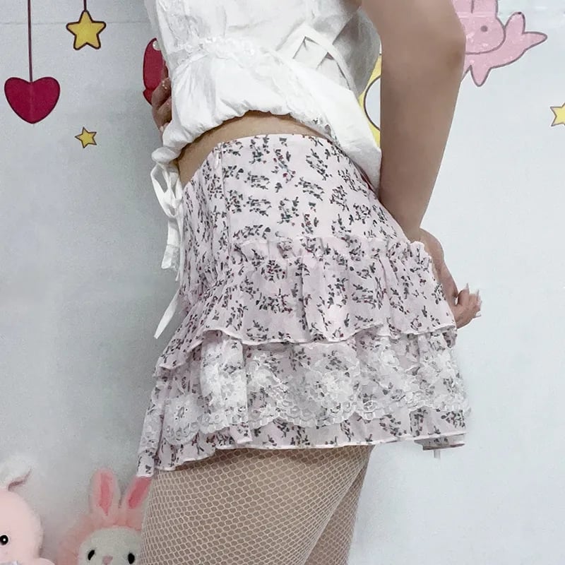 Floral Lace A-Line Chiffon Mini Skirt