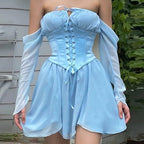 Blue Off Shoulder Corset Bustier Long Sleeve Dress