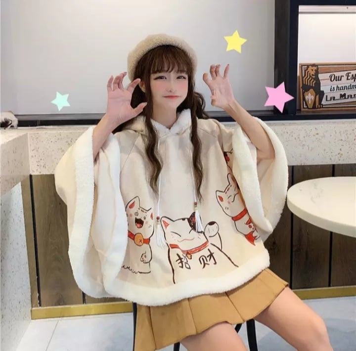 Cute Lucky Cat Ears Cloak Hoodie Pullover Sweatshirt Autumn Winter Aesthetic Casual E-Girl Kawaii Korean Japanese Harajuku
