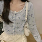 Sweet Floral Lace Chic Cardigan Patchwork Long Sleeve Shirt Crop Top Casual Summer E-Girl Kawaii Korean Japanese Harajuku