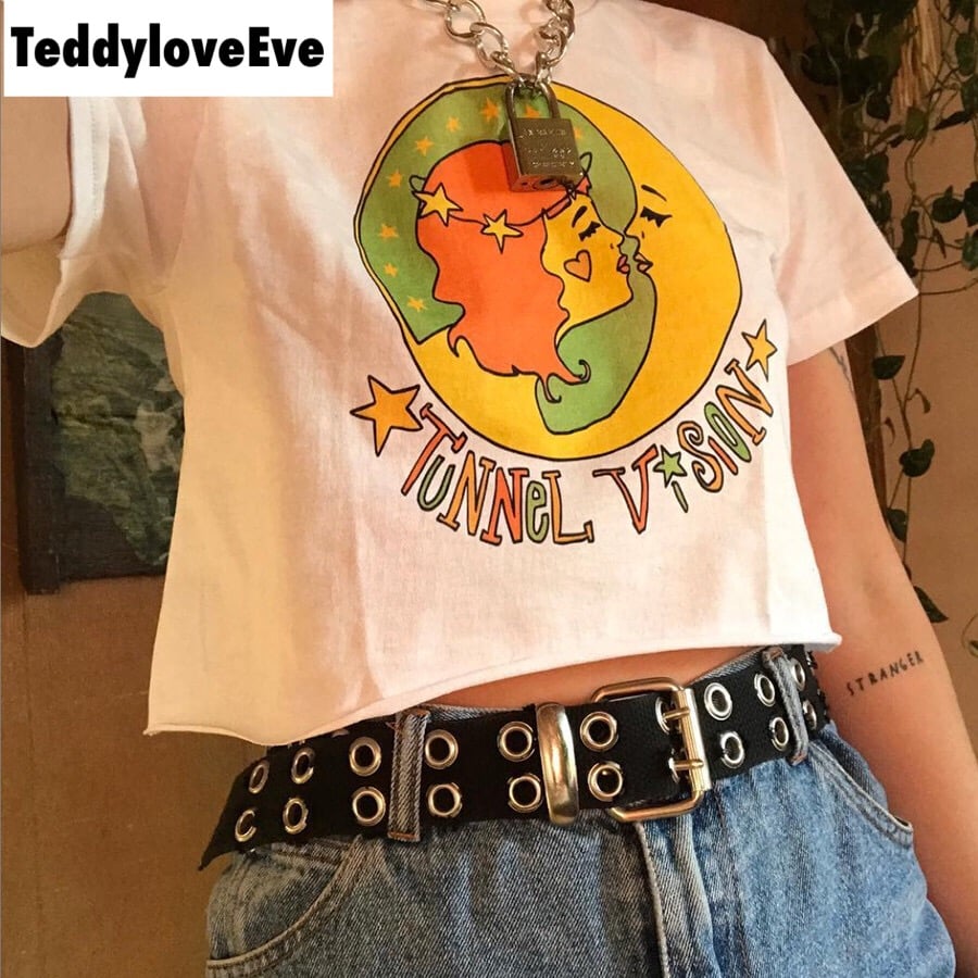 Cute White Girl Cartoon Moon Star Casual Crop Short Sleeve Shirt Tee T-shirt E-Girl Kawaii Korean Japanese Harajuku Chinese Retro Streetwear Aesthetic