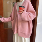 Cute Baby Pink V Neck Chic Loose Oversized Knit Cardigan Long Sleeve Sweater Jumper Aesthetic Casual Summer E-Girl Kawaii Korean Japanese Harajuku